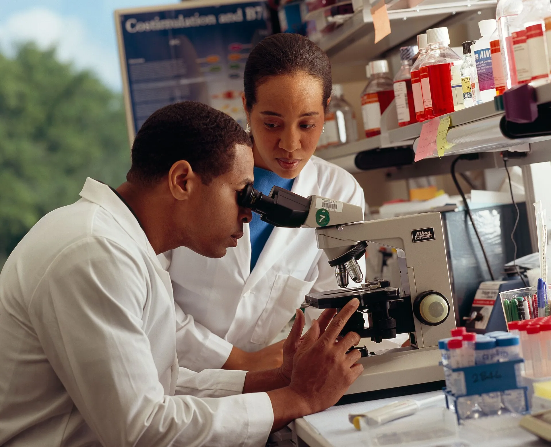 Two researchers at a lab bench, one looking through a microscope.
